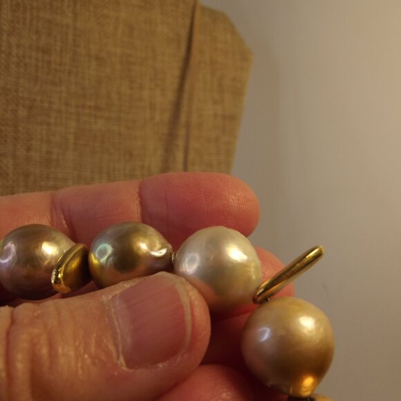 Baroque Pearl & Gold Tone Beaded Necklace on Leather Cord - Picture 6 of 8